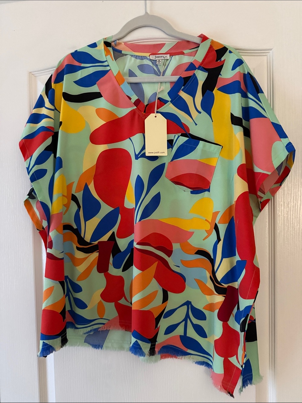 JODIFL Mint Multi Abstract V-Neck Short Sleeve Top